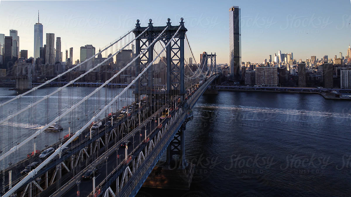 Drone view of Manhattan bridge and New York city on background