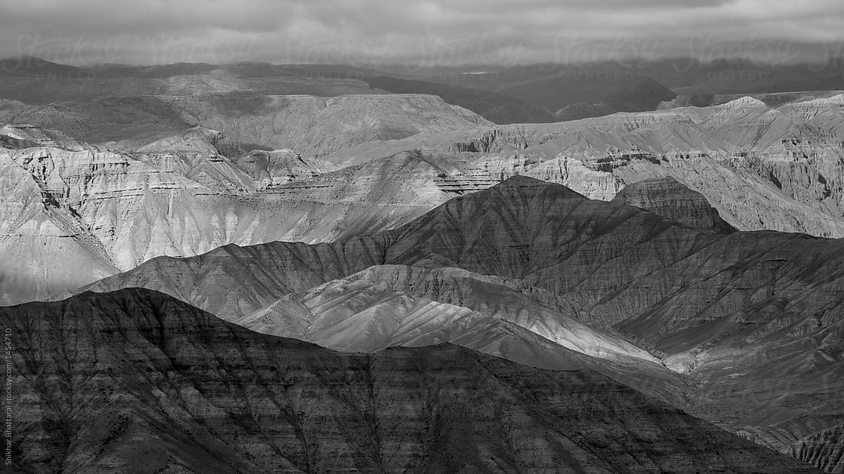 Dramatic Black and white landscape of the hidden valley of Upper Mustang, Nepal.