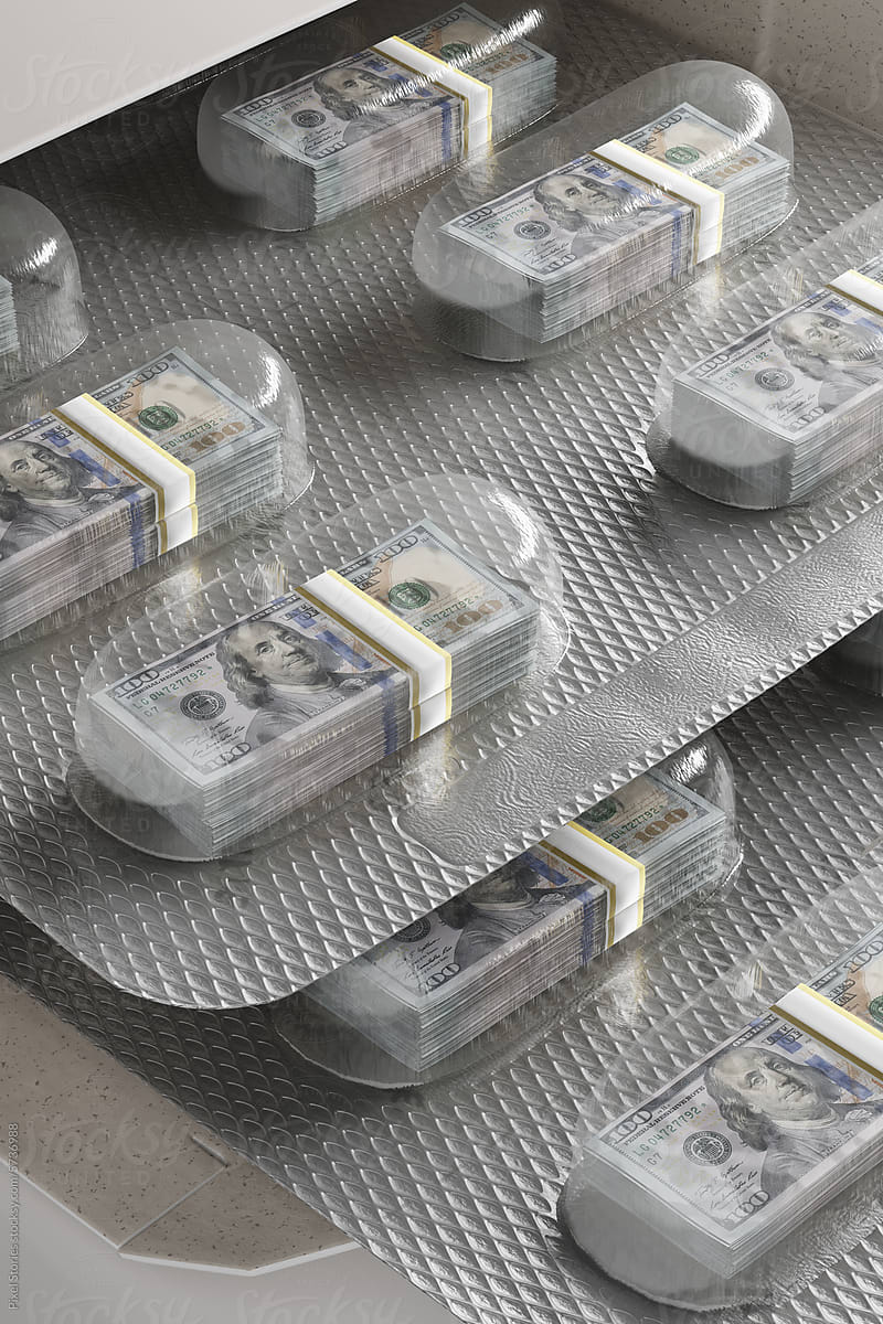 Money as drug. Bundles of US dollars in pill blister pack as medicine.