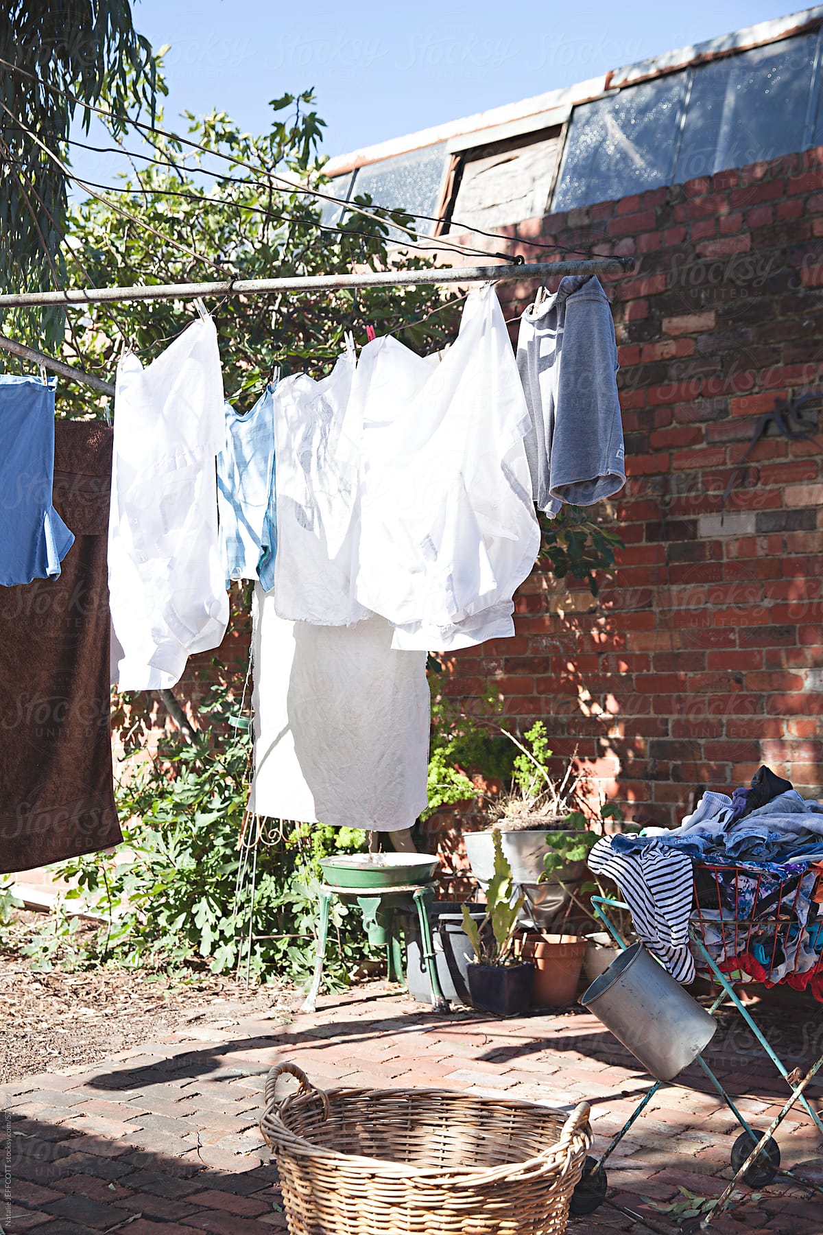 washing hanging outside to dry on a clothes line in spring