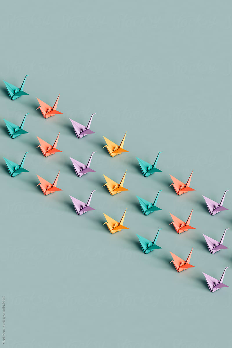 rows fo many colorful swan origami