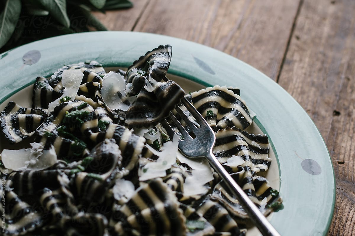 Black and white striped Farfalle pasta with sage butter.