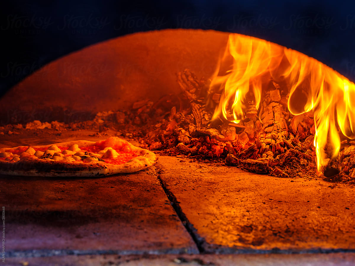 wood fired pizza in oven