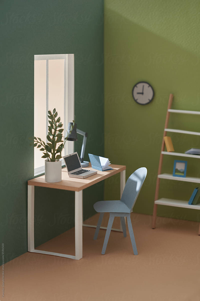 Papercraft green room with workplace