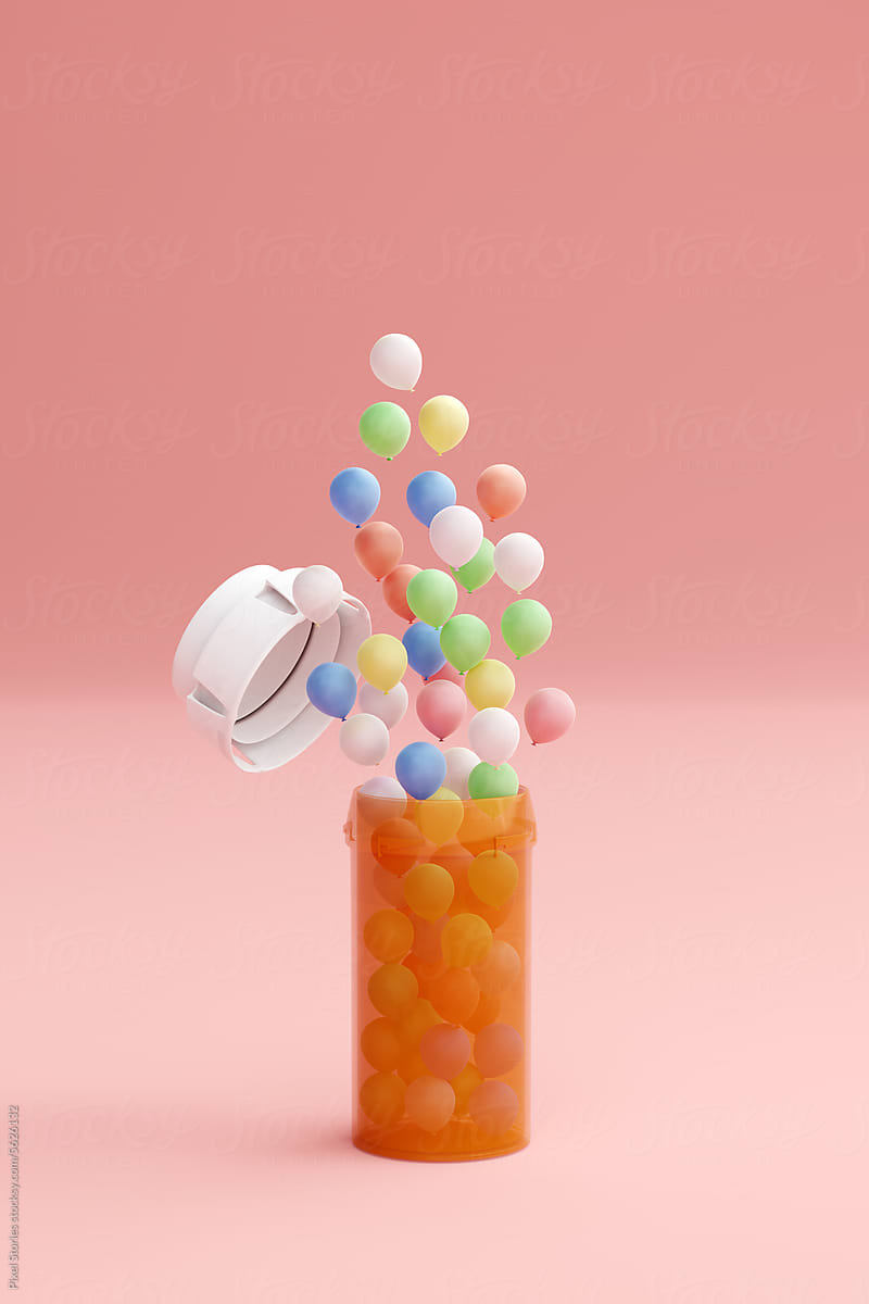 Colorful balloons coming out of pill bottle. Recreational drug use.