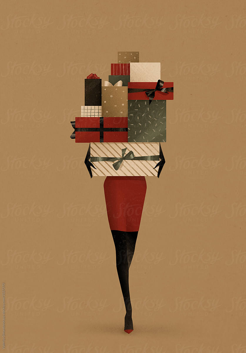Woman with gift boxes. Merry Christmas . Decorative festive object.