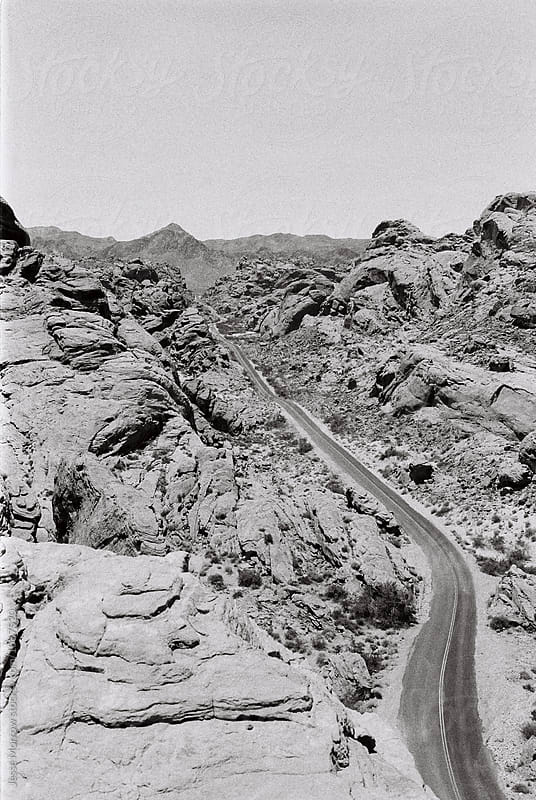Road through valley of fire black and white film