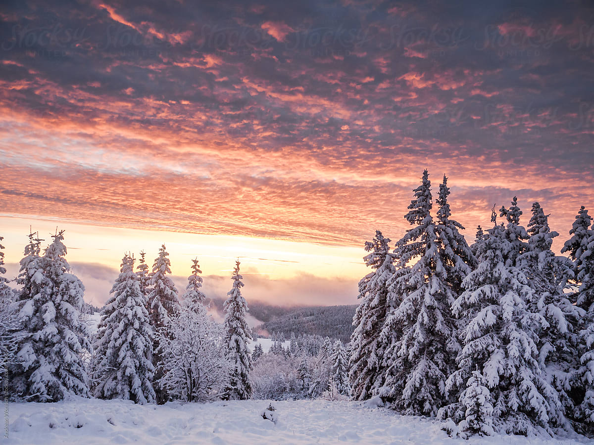 Dramatic, colorful Sunrise over Winter Landscape