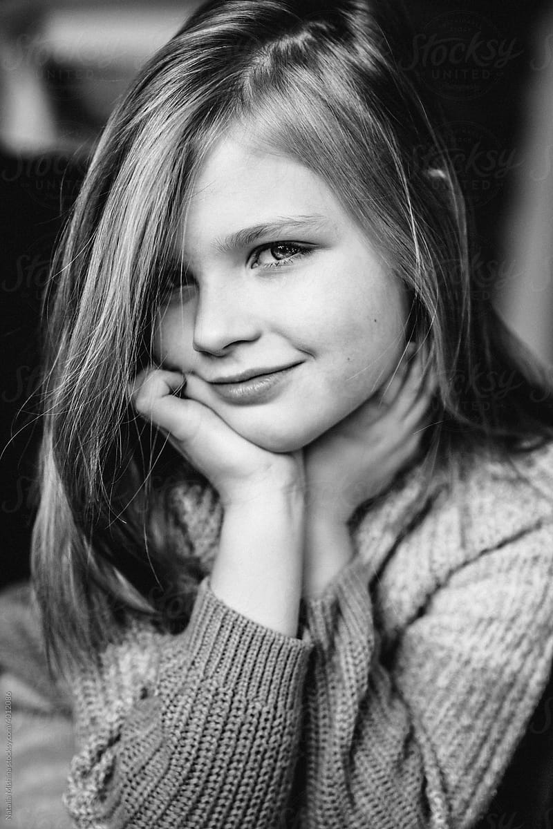 Black and white portrait of a young girl.