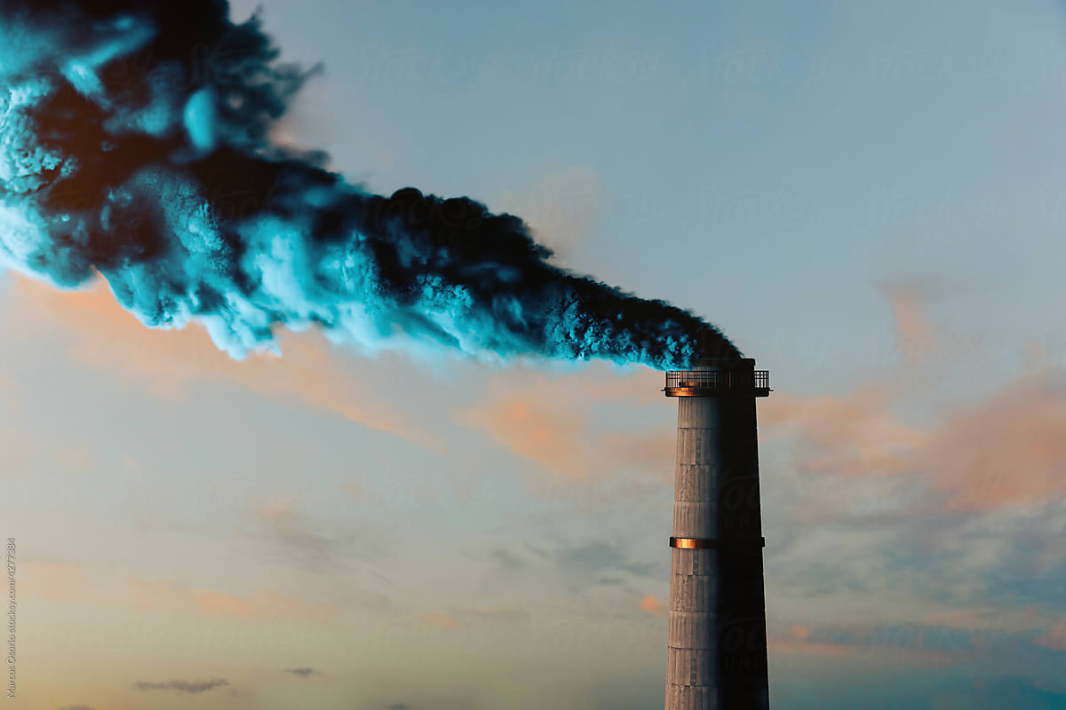 Pollution of chimney with blue smoke