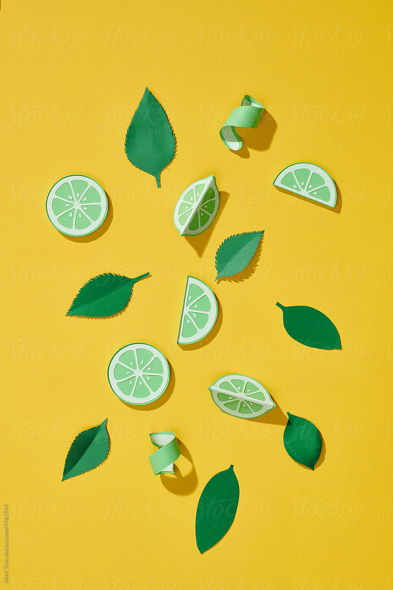Citrus fruits lime with paper carved leaves. Paper cut concept