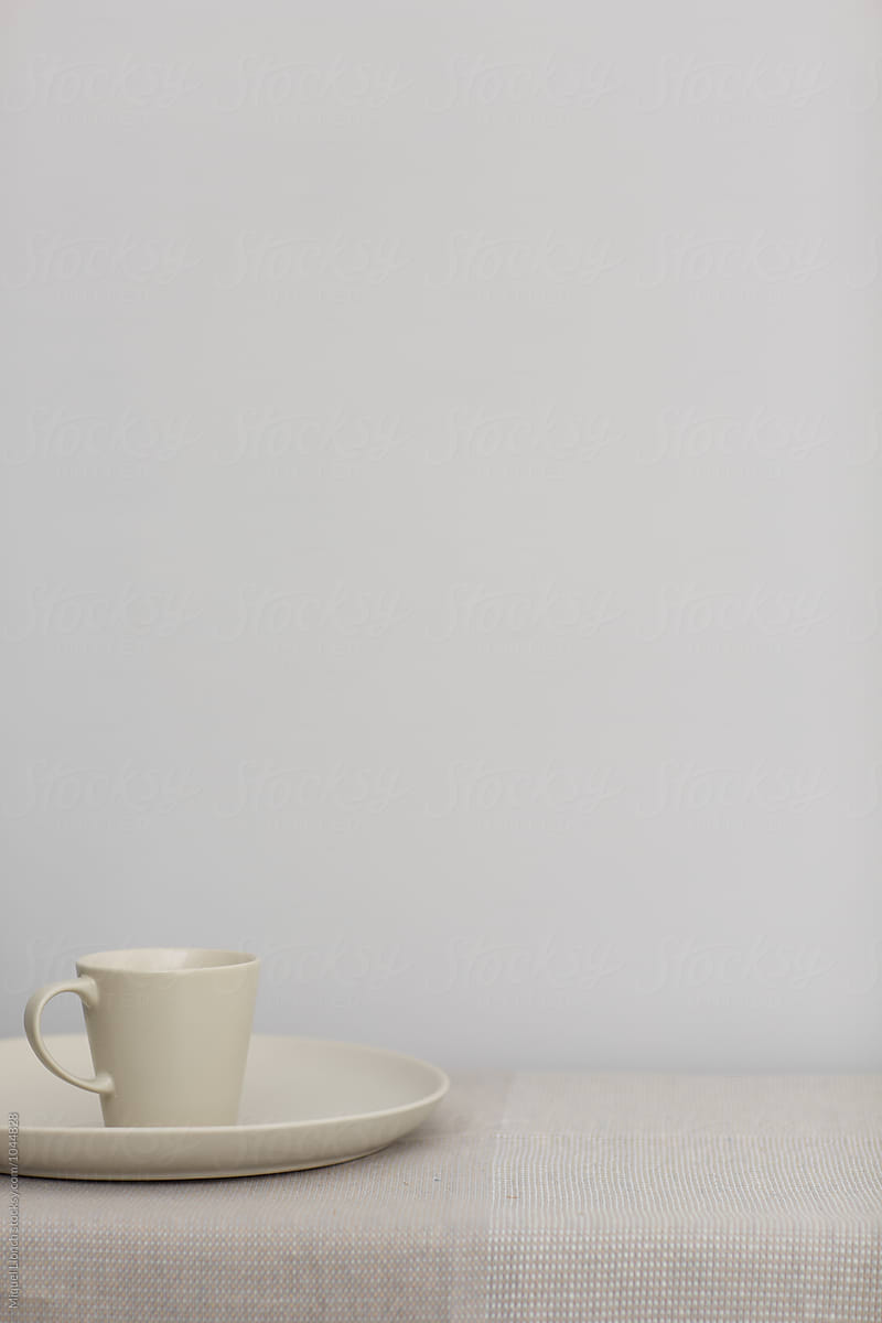 Plate and cup on a table with plain background