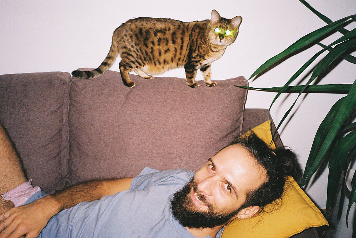 Man laying on couch with cat