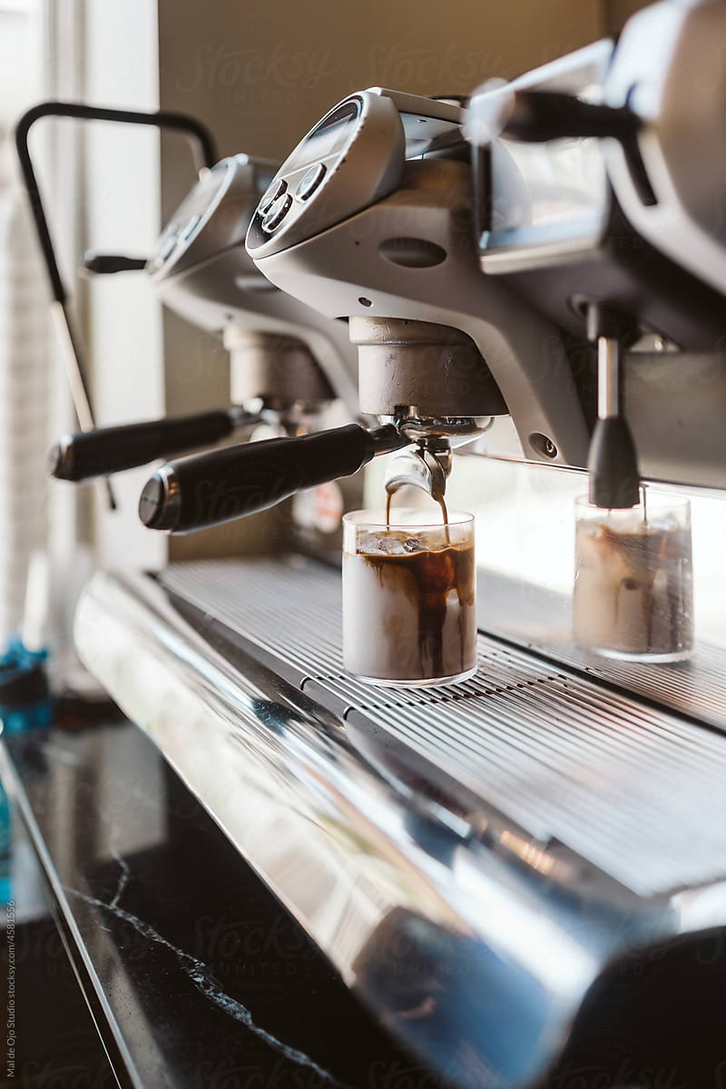 Iced latte on coffe machine