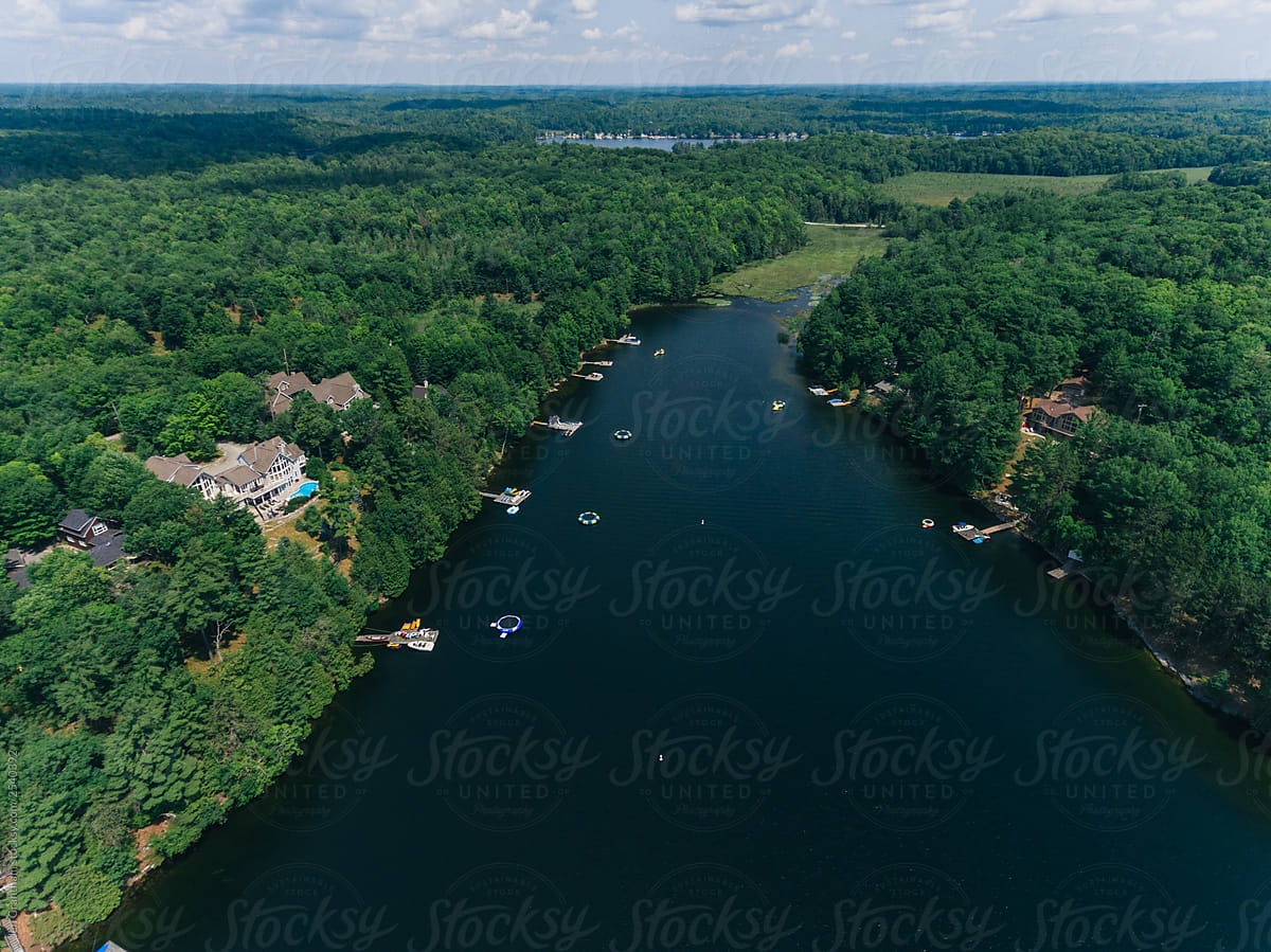 Aerial view of high end vacation homes on a lake