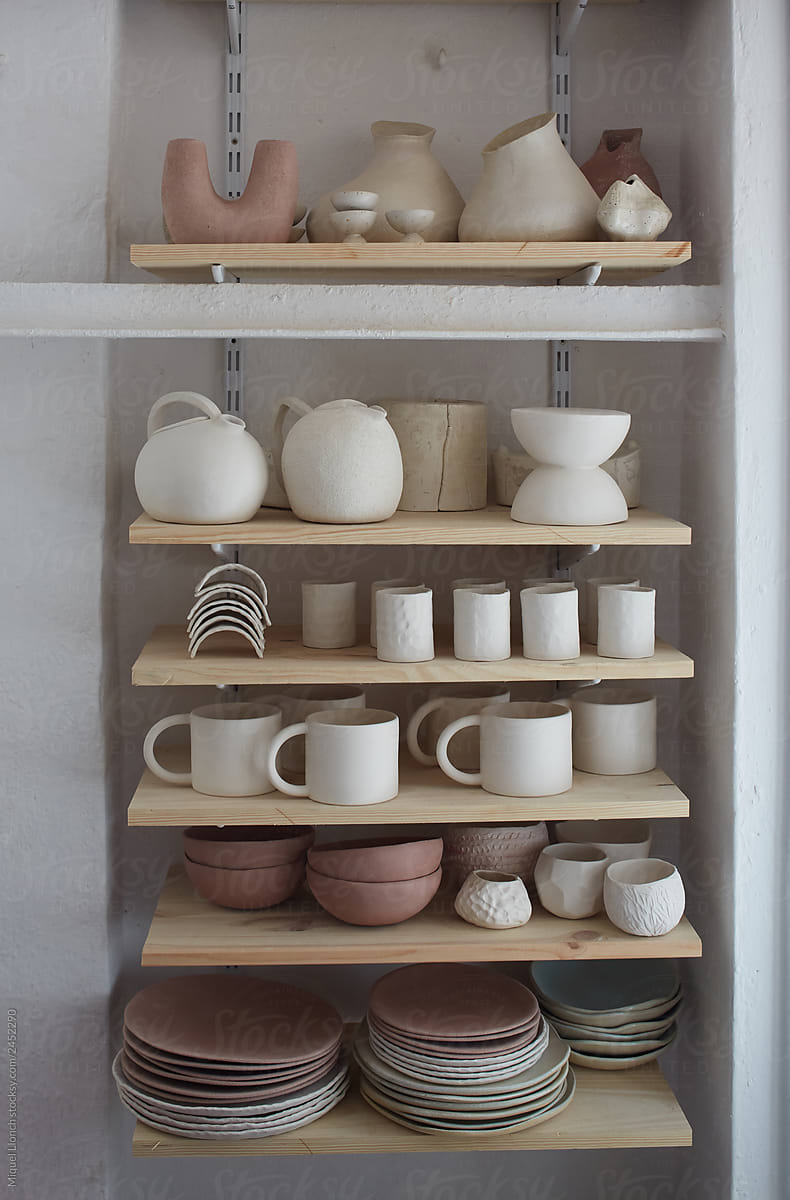 Pottery and ceramics on atelier shelves