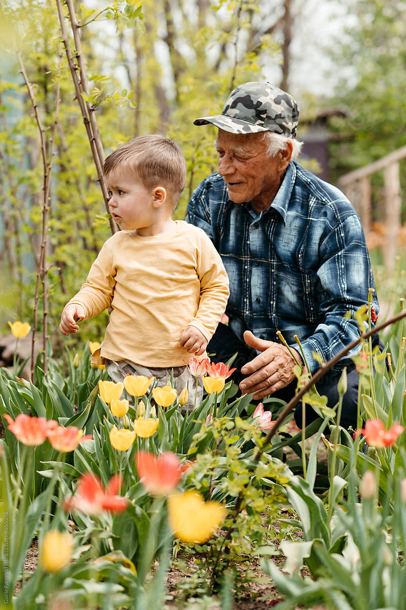 Grandfather with kid in nature