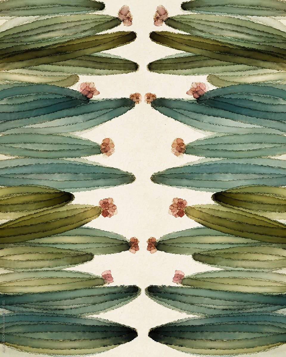 Botanical Drawing In Warm Green And Blue Tones