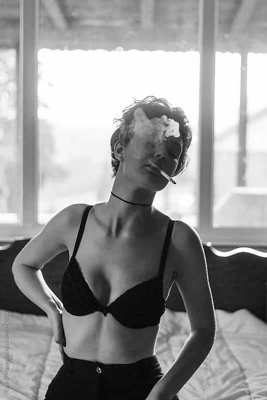 smoking cigarette sexy Black And White Girl Photographic Print Elegant hot brunette woman smoking