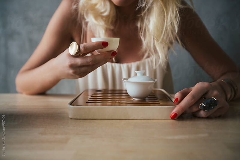 Caucasian Woman Drinks Tea