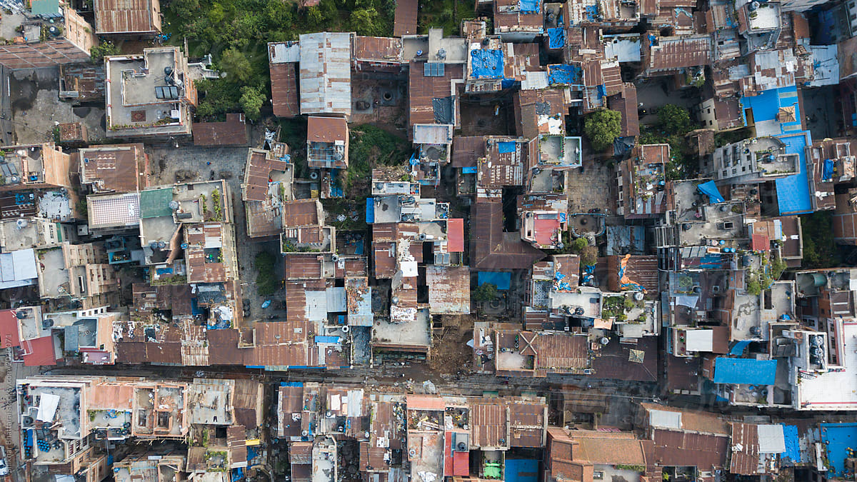 Aerial drone shot of an old neighbourhood in Patan, Kathmandu, Nepal.