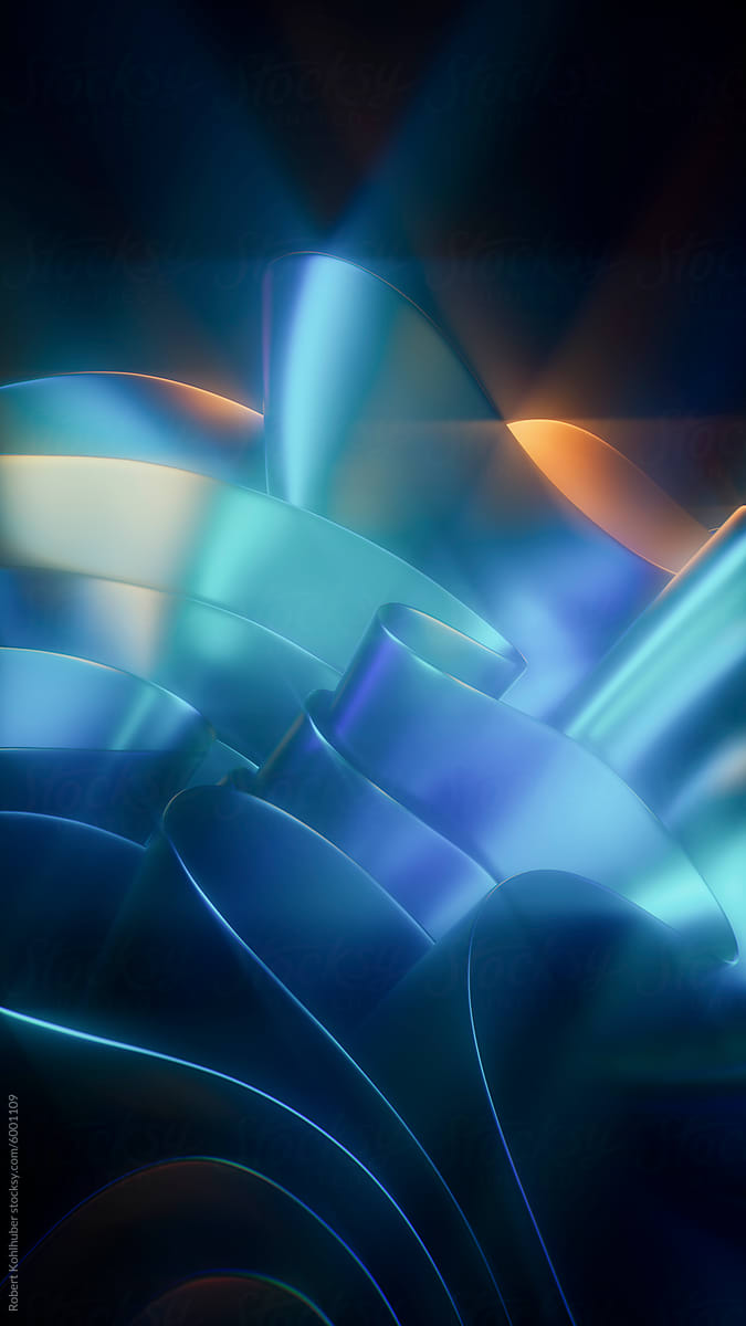 3D render of glowing neon abstract wavy holographic shapes