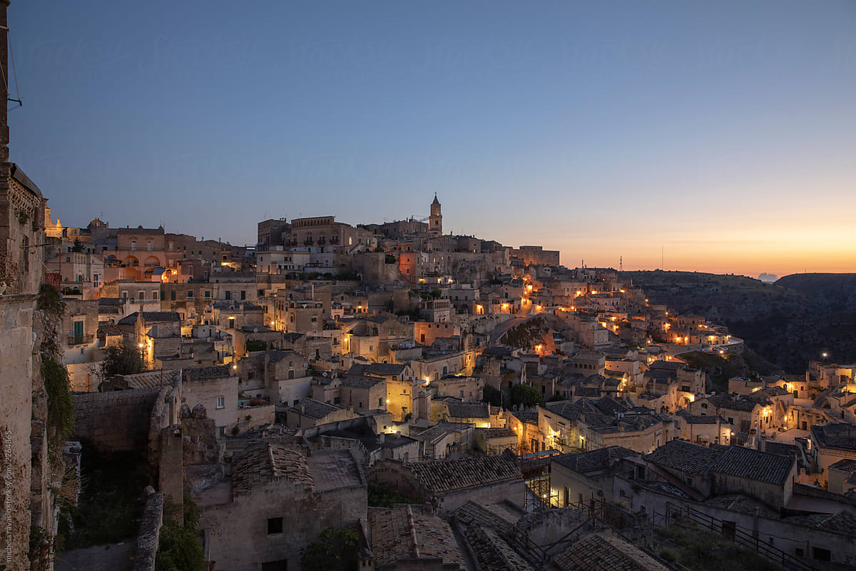 The beautiful city of Matera at the first light of dawn