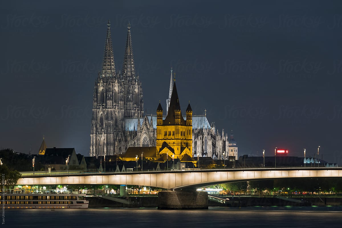 Cologne (Köln), Germany - City Skyline with the Cathedral and Great St. Martin Church at Night