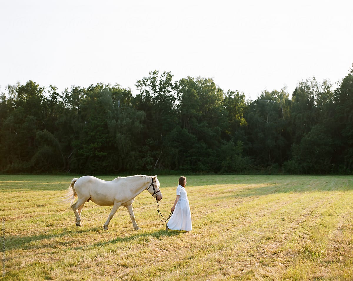 Anonymous woman with horse in field