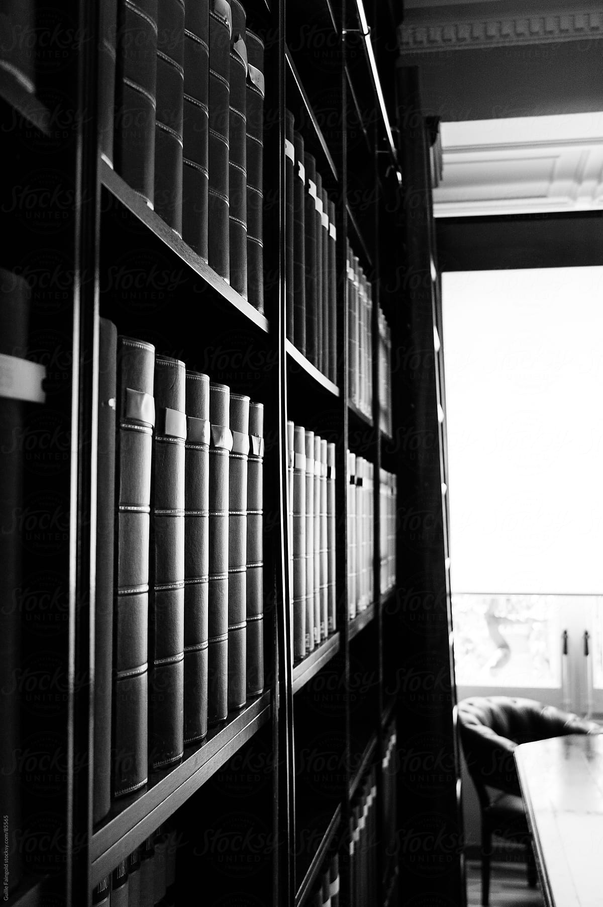 Bookshelves in library