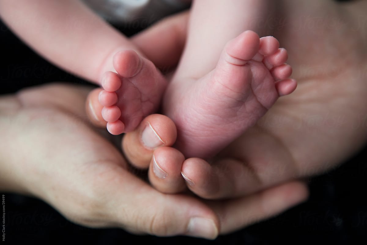 Close up of parent's hands cradling newborn son's feet