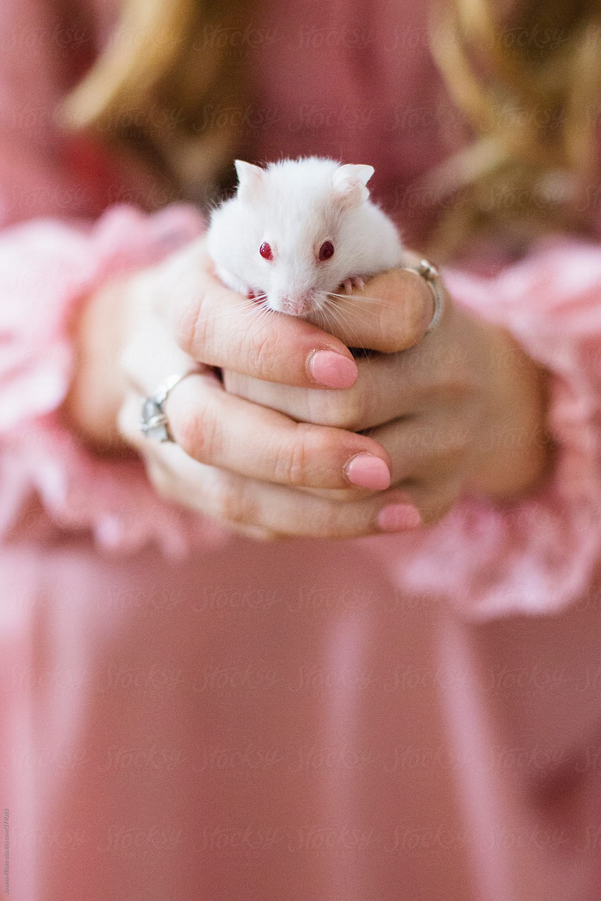 Young woman holding a white mouse