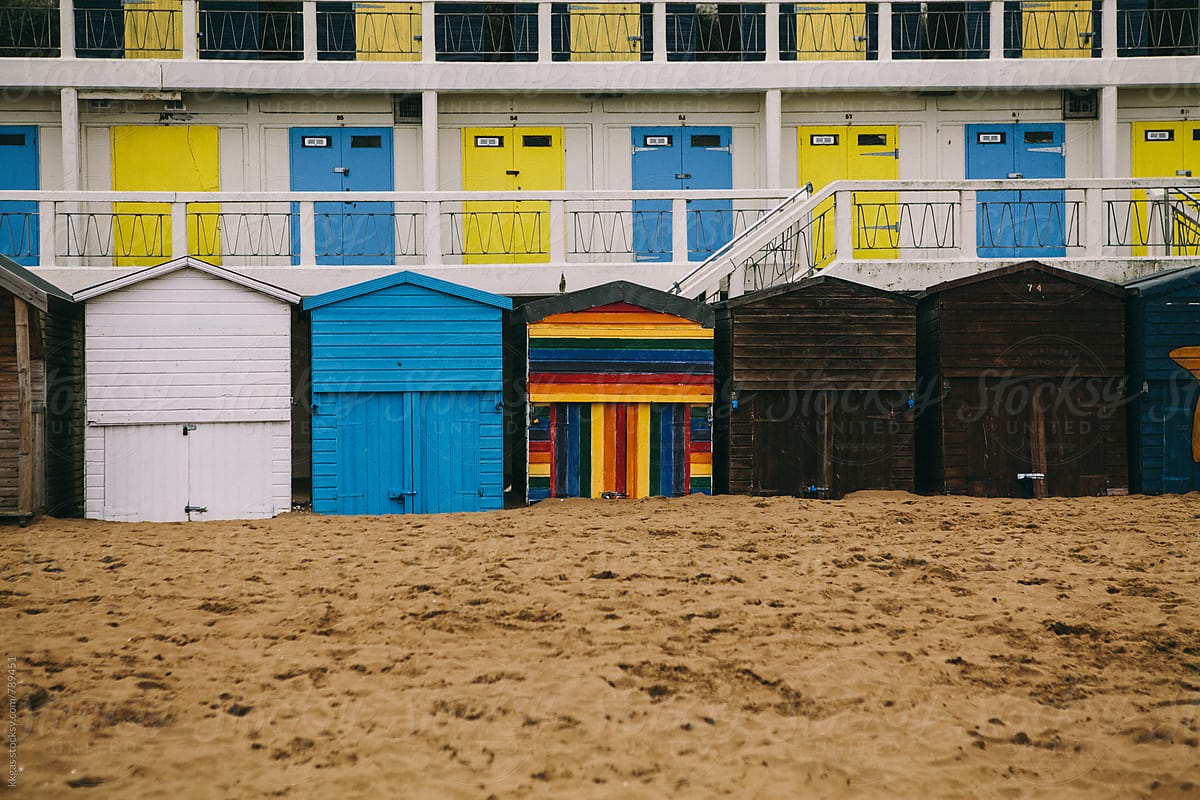 Beach huts on the beach in a typical English seaside resort.