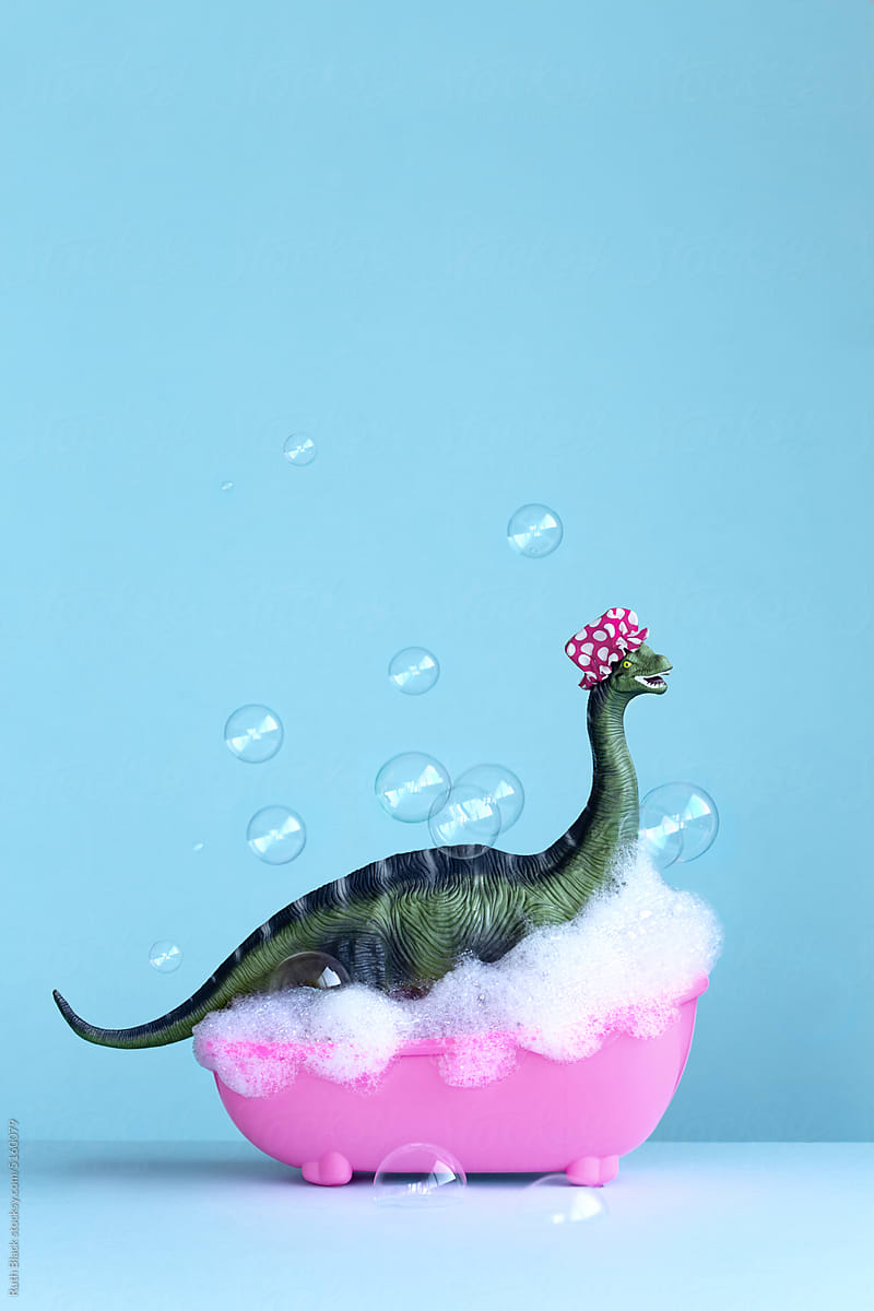 Dinosaur enjoying a bubble bath