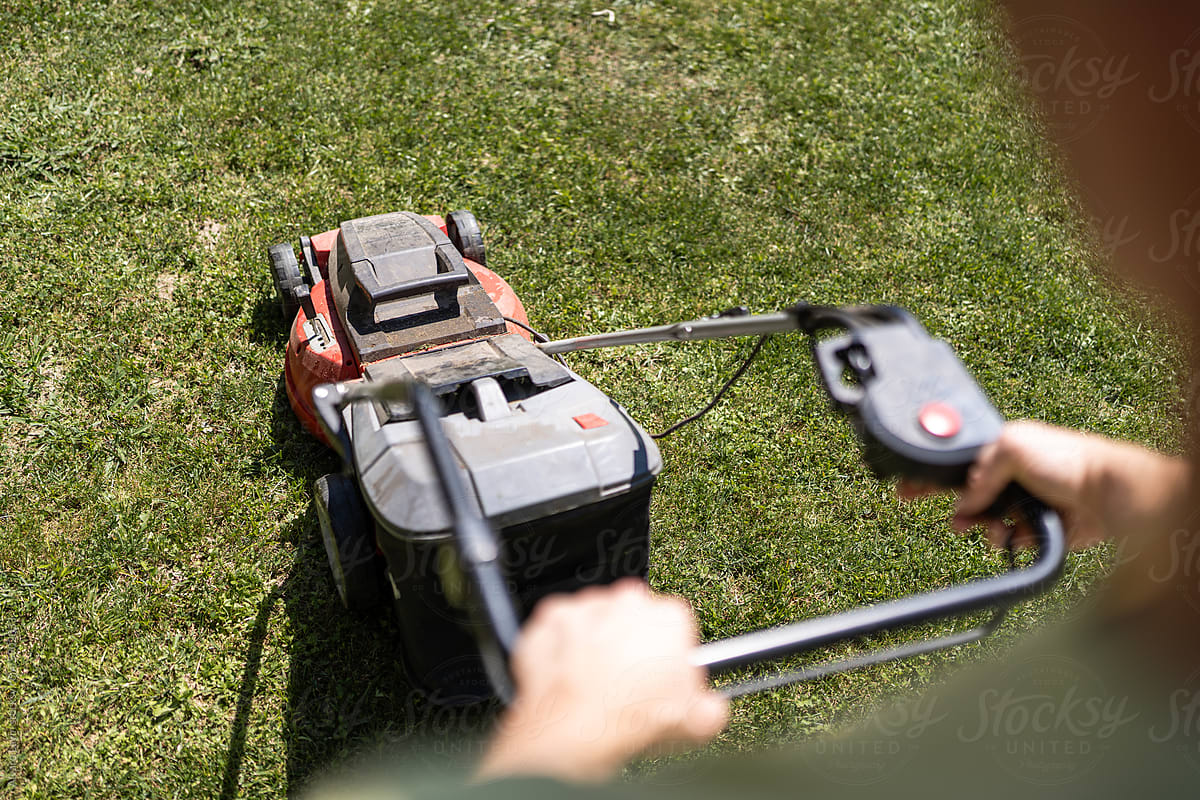 Mowing grass with an electric lawnmower.