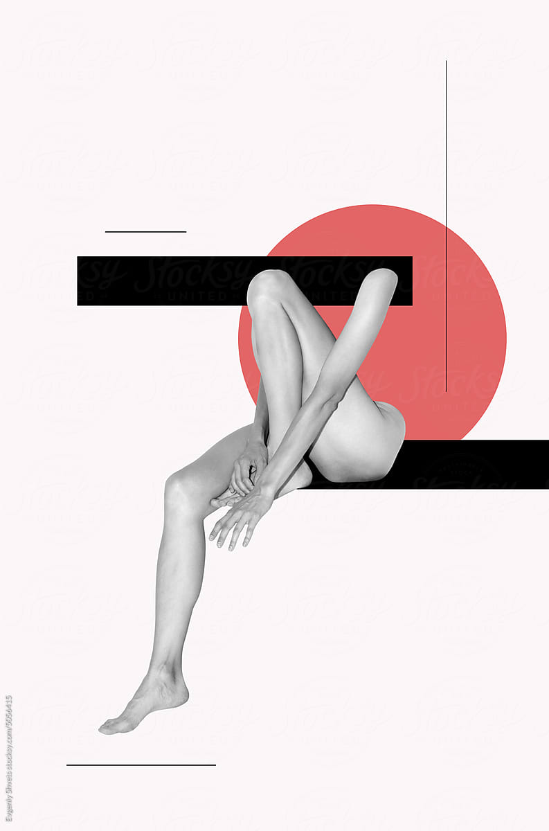 Collage art with naked arms and legs of a woman