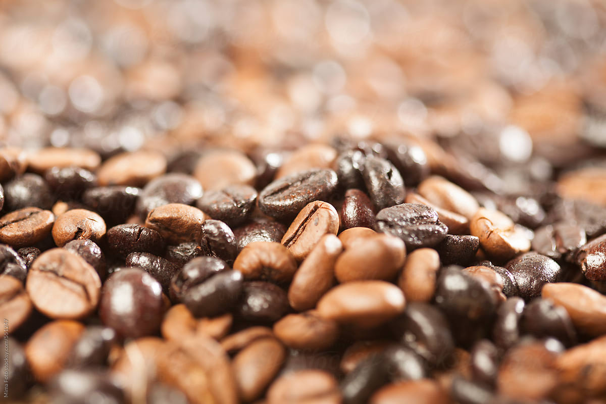 Macro of coffee beans with copy space