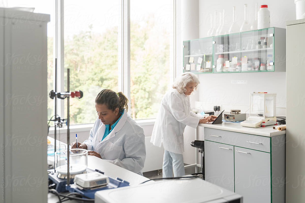 Scientists Working In Modern Bright Laboratory