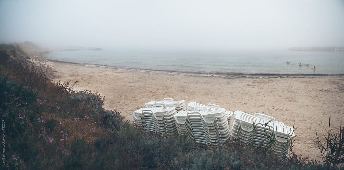 Empty beach on a foggy day in Six Fours les Plages (Provence, France)