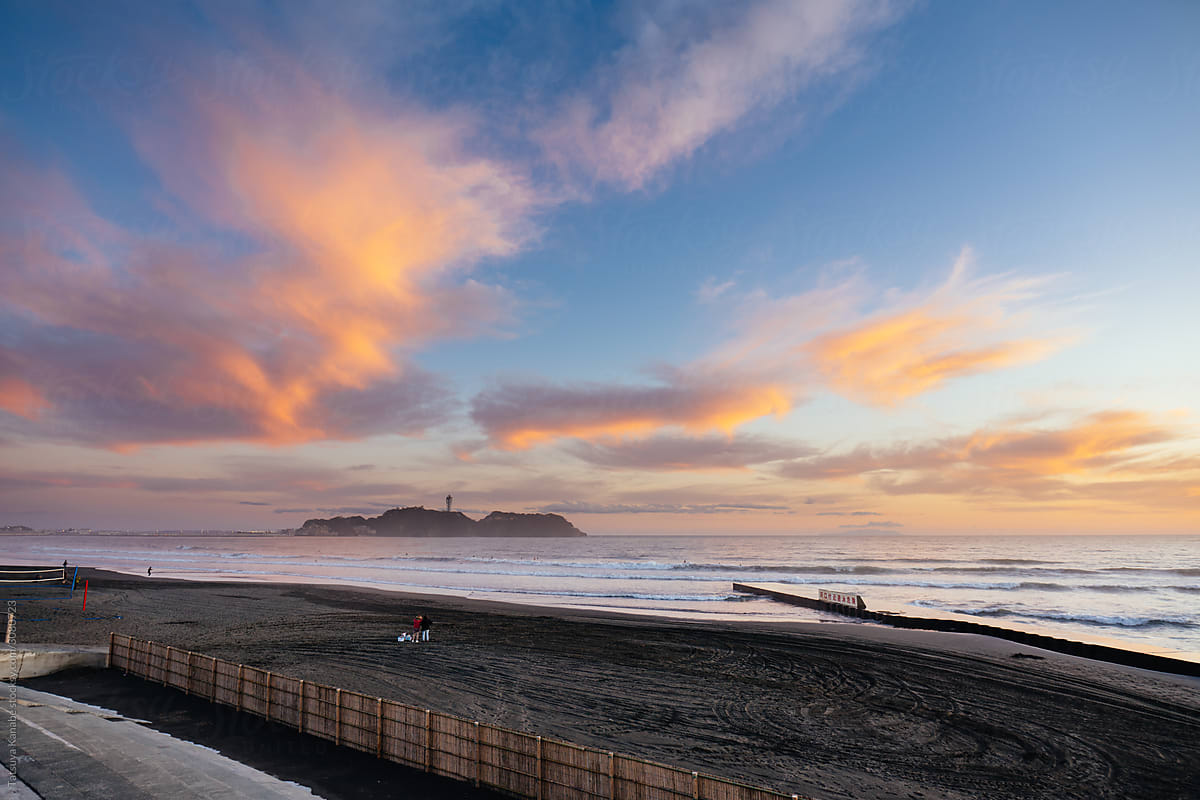 Painted Clouds and Enoshima Island in Sunset Time, Shonan Japan
