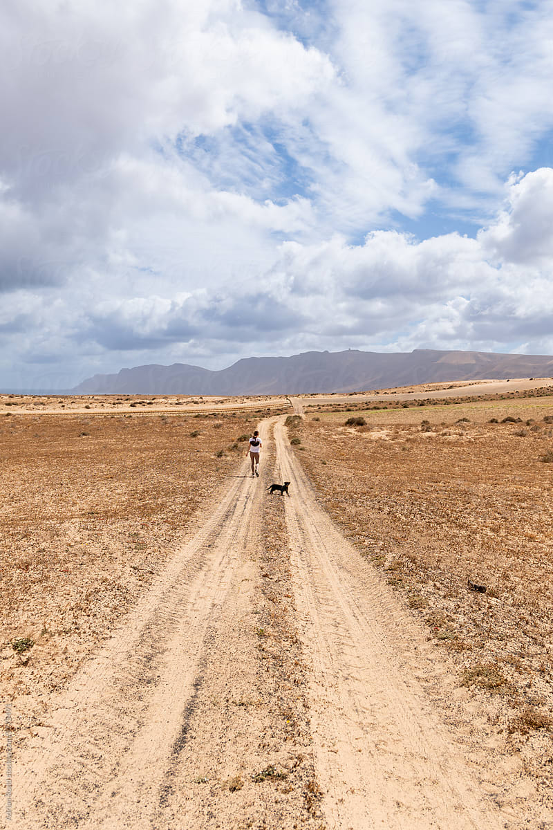 Woman takes a stroll with his dog on a dirt road through a desert