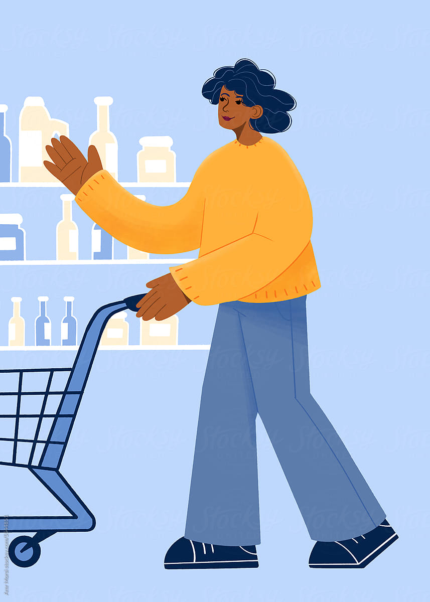 Illustration of a woman pushing a shopping cart.