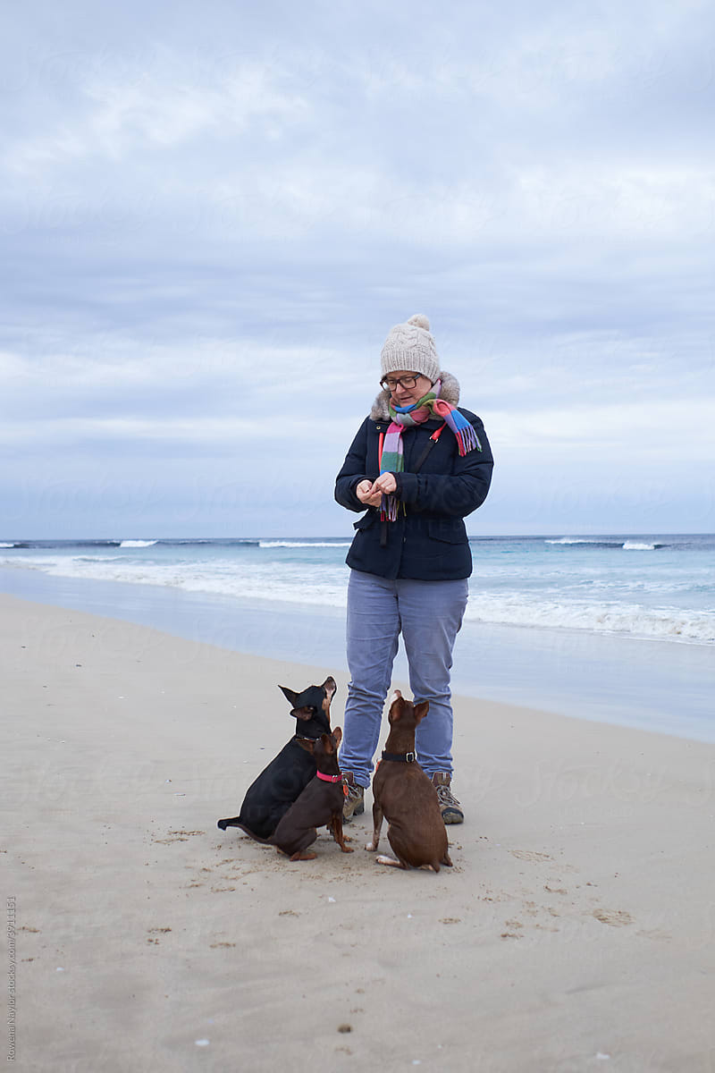 Woman training small dogs on the beach