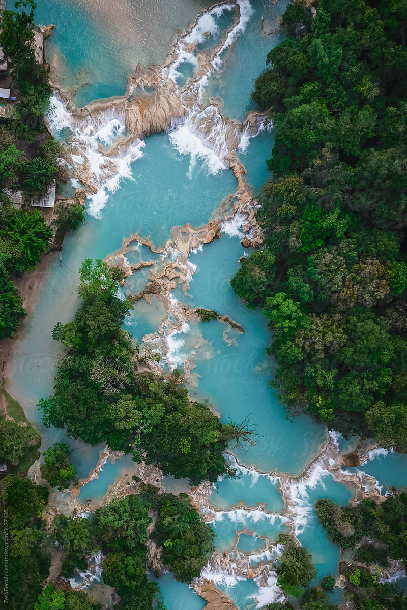 aerial view of waterfalls in a river in mexico. Cascada azul.