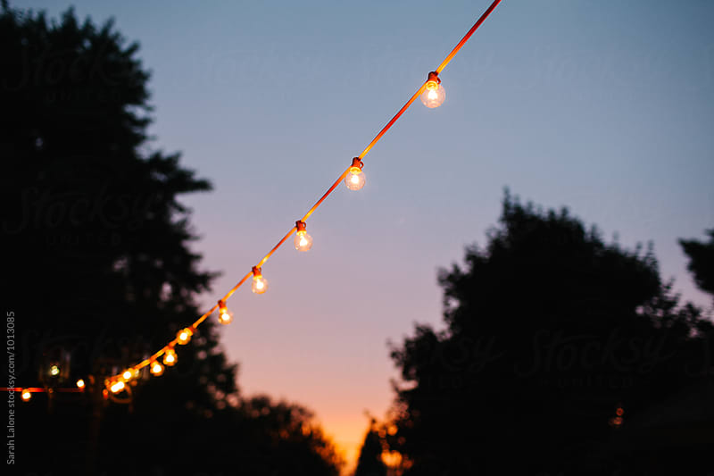 string lights against a sunset sky