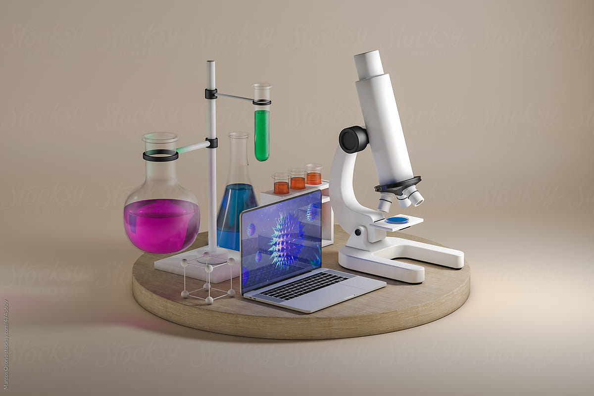 Small laboratory with laptop, microscope and test tubes
