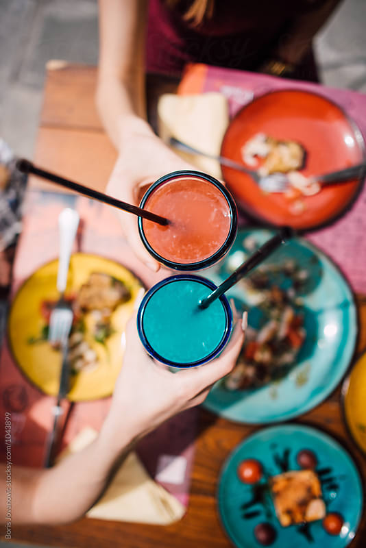 Aerial view of colorful drinks in the restaurant