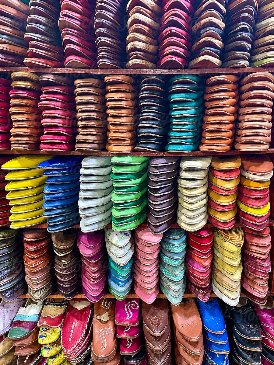Stacks of colorful slippers for sale, Morocco