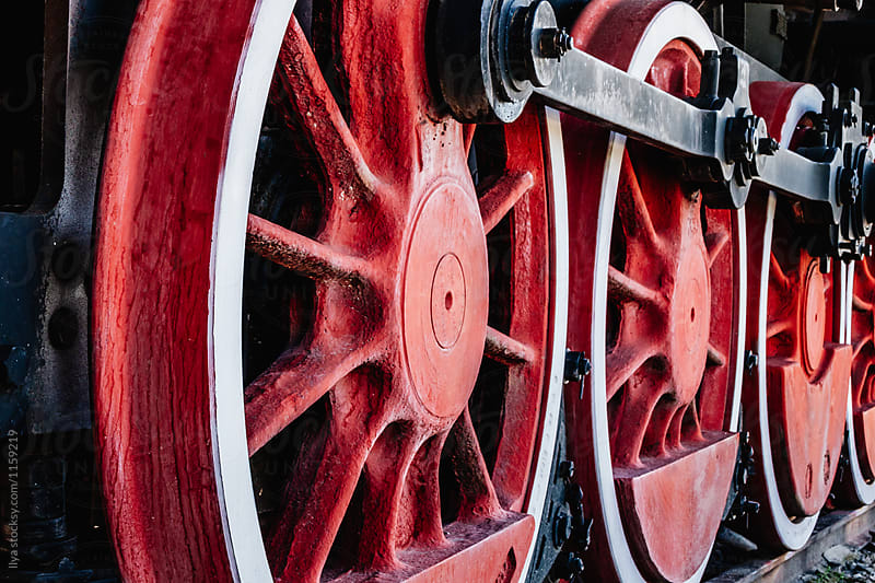 Old steam locomotive wheels closeup