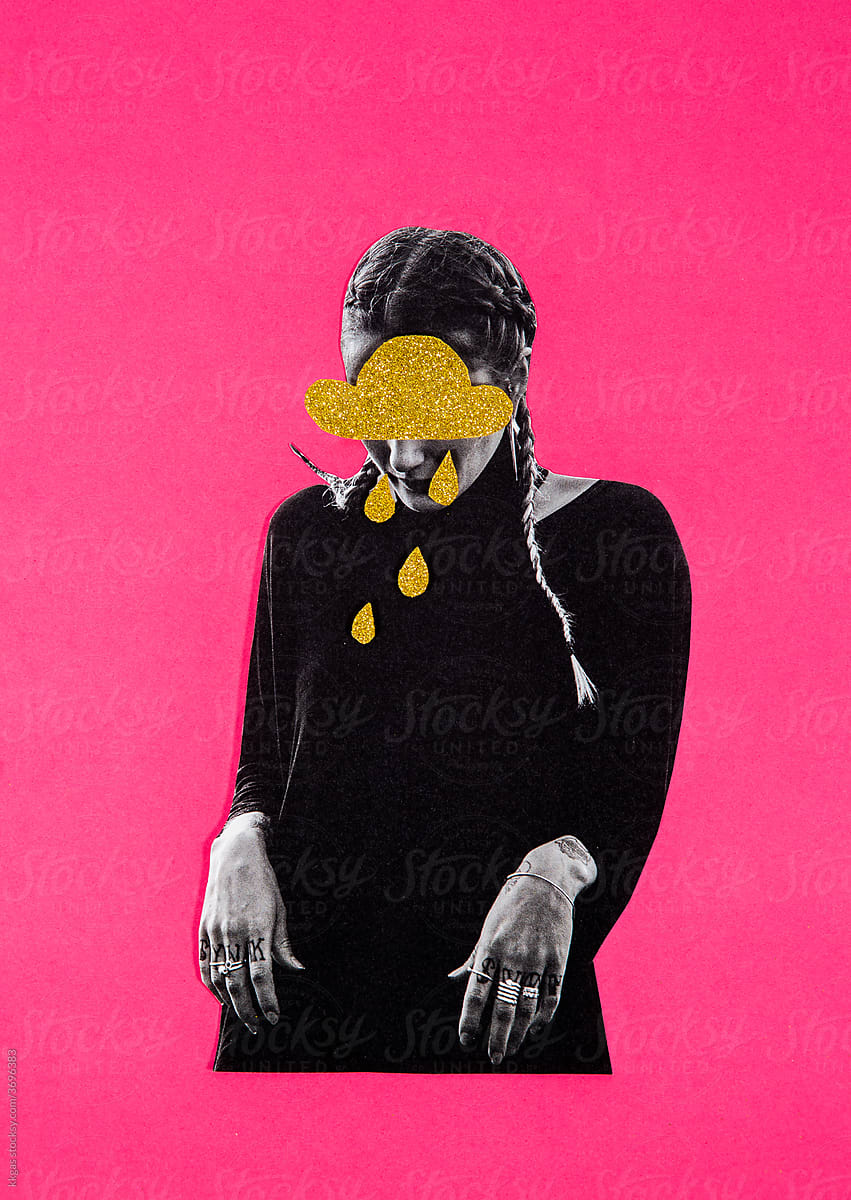 Woman with gold raindrops collage